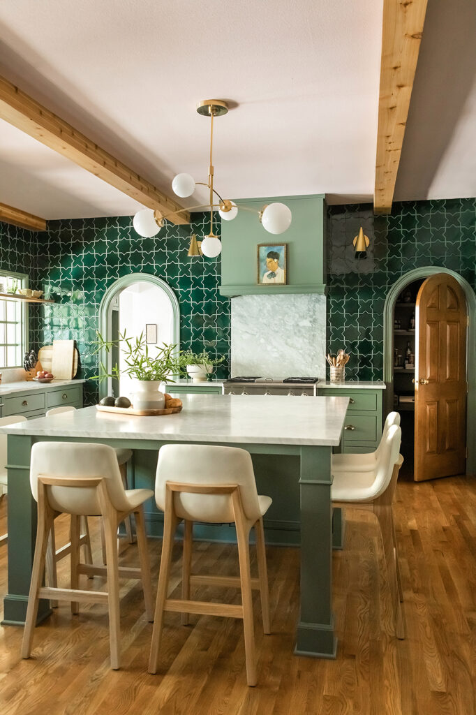 Interior Design Photography - stylish green fireclay tile kitchen