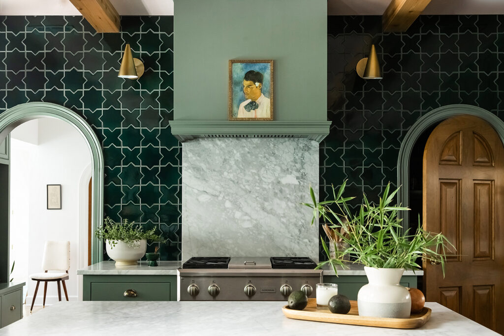 Interior Design Photography - stylish green fireclay tile kitchen